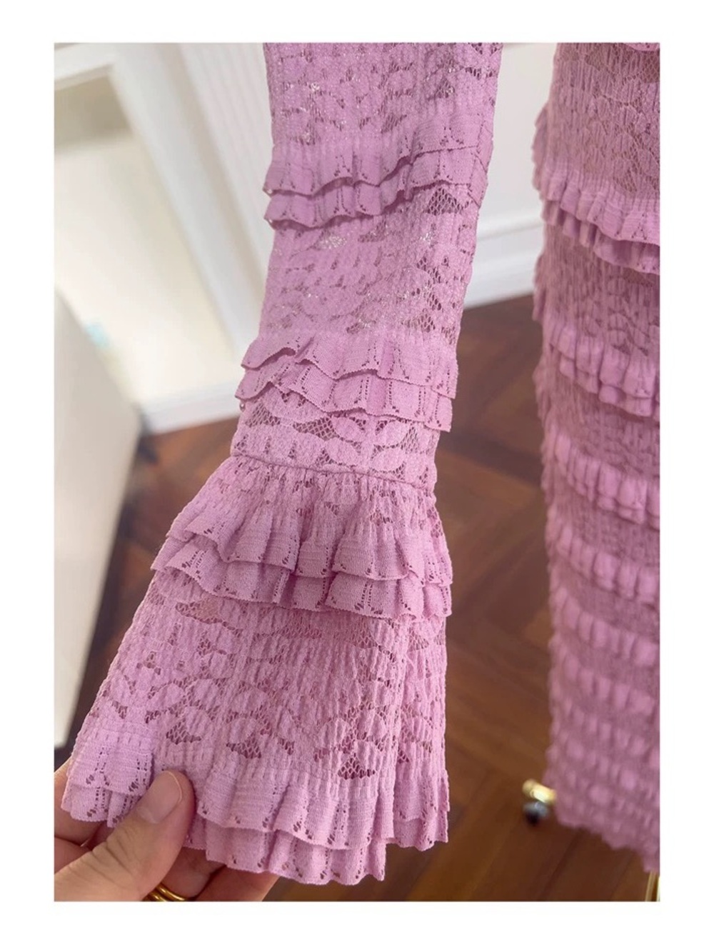 Pink Ruffled Knit Long Sleeve Midi Dress Victorian French Elegant Gown - Picture 10 of 16